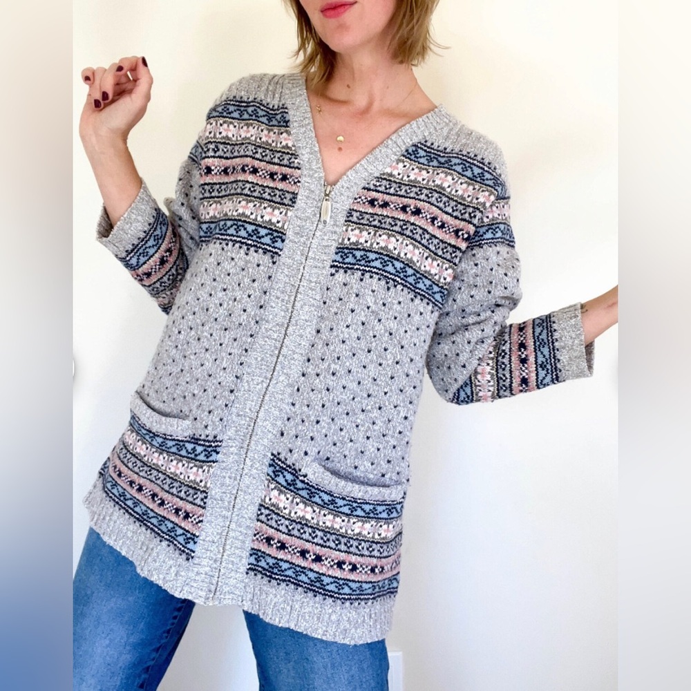 Vintage LizWear Cardigan Sweater Womens Small Zip Up Heavy Knit Fair Isle Grey - Picture 2 of 14